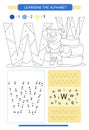 Letter W and funny cartoon wolf. Animals alphabet a-z. Coloring page. Printable worksheet. Handwriting practice. Connect the dots. Royalty Free Stock Photo